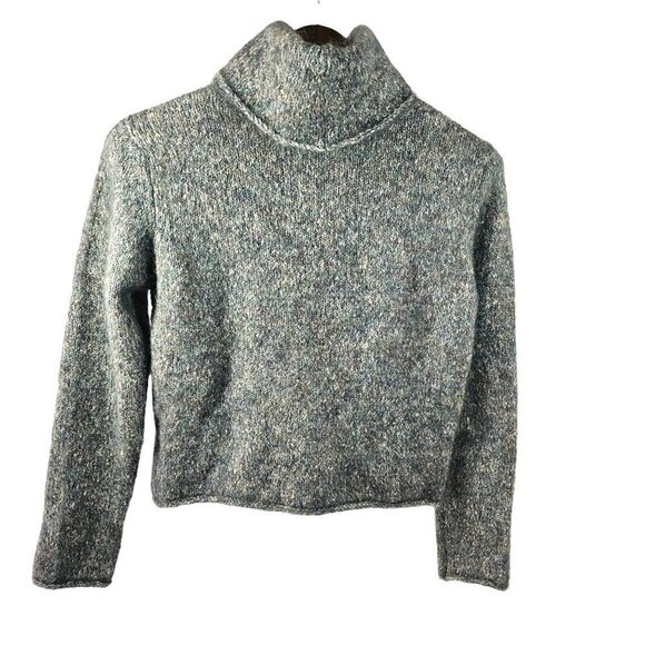 Banana Republic Crop Turtleneck Sweater Roll Hem Mohair Wool Blend Womens M Teal - Picture 2 of 6